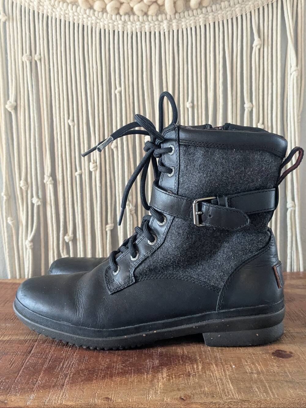 UGG Kesey Waterproof Leather & Wool Combat Booties Black Gray US 8